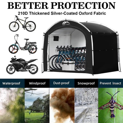 Outdoor Bike Storage Tent Shed With Window Waterproof Portable Shelter with bikes and motorcycle inside