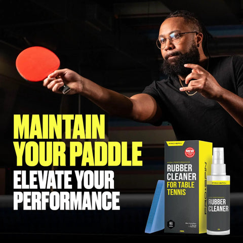 Table Tennis Rubber Cleaning Kit With 200ml Rubber Cleaner And Sponge Included For Ping Pong Paddles Eliminate Dirt And Dust Boost Spin Enhance Control And Preserve Rubber For Long Lasting Play, player holding paddle and cleaner bottle