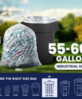 Ultra Tough 55 To 60 Gallon Trash Bags 1.5 Mil Clear Liners 38 By 58 Inches in use with bottles, by trash can outdoors.