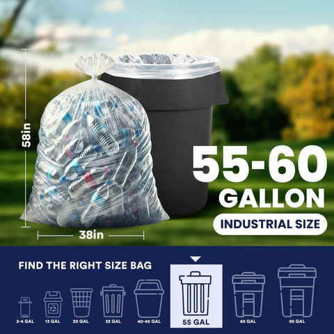 Ultra Tough 55 To 60 Gallon Trash Bags 1.5 Mil Clear Liners 38 By 58 Inches in use with bottles, by trash can outdoors.