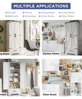 Dining, Kitchen, Bathroom, and Living Room views of a Farmhouse Pantry Cabinet 72 Inch Tall Wood Storage With Adjustable Shelves Barn Style Doors And Drawer All In One Kitchen And Dining Room Organizer In Antique White.