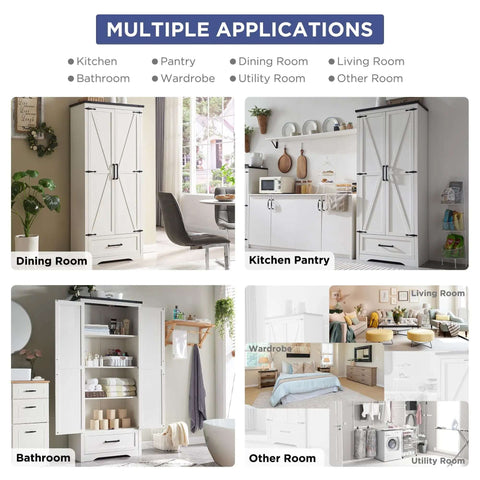 Dining, Kitchen, Bathroom, and Living Room views of a Farmhouse Pantry Cabinet 72 Inch Tall Wood Storage With Adjustable Shelves Barn Style Doors And Drawer All In One Kitchen And Dining Room Organizer In Antique White.