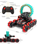 RC Stunt Remote Control Car For Kids With Gesture Control, dual mode, red tank style with remote, size dimensions shown