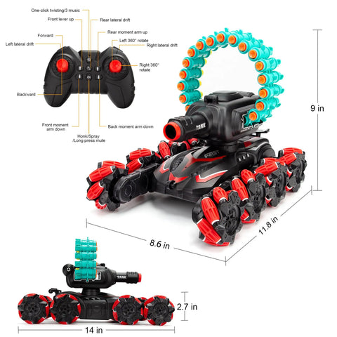 RC Stunt Remote Control Car For Kids With Gesture Control, dual mode, red tank style with remote, size dimensions shown