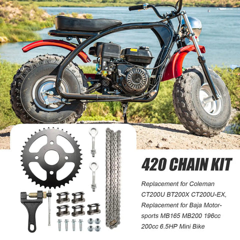 Heavy Duty Rear Sprocket 40 Tooth 90 Link 420 Chain Kit for Mini Bike Replacement displayed with black mini bike