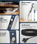 Kick Mess And Daily Grime To The Curb With This Dependable 11-In-1 Chemical Free Steam Mop, Smoothly Swap Upright Floor Washing For Agile Handheld Detailing On The Fly features a pivoting mop head and visible water tank.