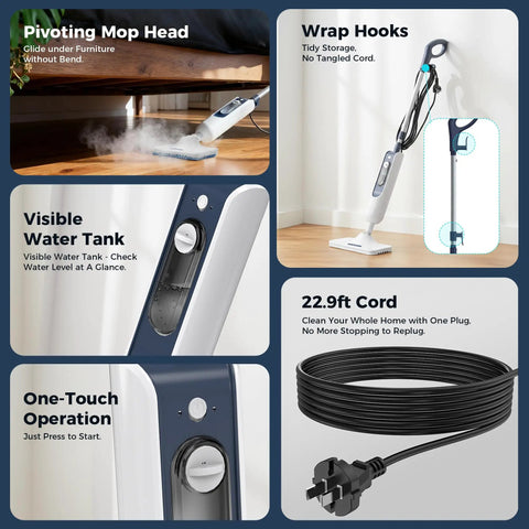 Kick Mess And Daily Grime To The Curb With This Dependable 11-In-1 Chemical Free Steam Mop, Smoothly Swap Upright Floor Washing For Agile Handheld Detailing On The Fly features a pivoting mop head and visible water tank.