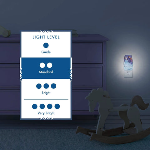Frozen LED Night Light Featuring Anna And Elsa Sensor Plug In Dusk To Dawn Auto On Off Cozy Glow Vibe For Bedroom Nursery Bathroom And Kids Playroom UL Certified Girls Room Decor next to dresser and toy horse.