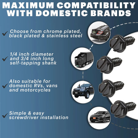 Rustproof License Plate Screws Set For US Domestic Vehicles With Stainless Steel Black Slotted Bolts That Keep Front And Rear Plates Secure On Ford Chevy Dodge And Other US Cars 4 Pack