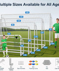 Multiple sizes of foldable steel soccer goals displayed on a field, including 12x6 Ft Foldable Steel Backyard Soccer Goal With Weatherproof Net Perfect For Teens And Adults Practice Drills Easy Setup Portable Training Goal Set Includes 6 Training Cones.