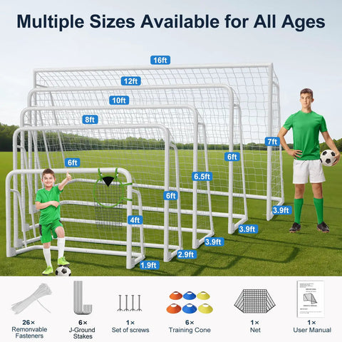 Multiple sizes of foldable steel soccer goals displayed on a field, including 12x6 Ft Foldable Steel Backyard Soccer Goal With Weatherproof Net Perfect For Teens And Adults Practice Drills Easy Setup Portable Training Goal Set Includes 6 Training Cones.