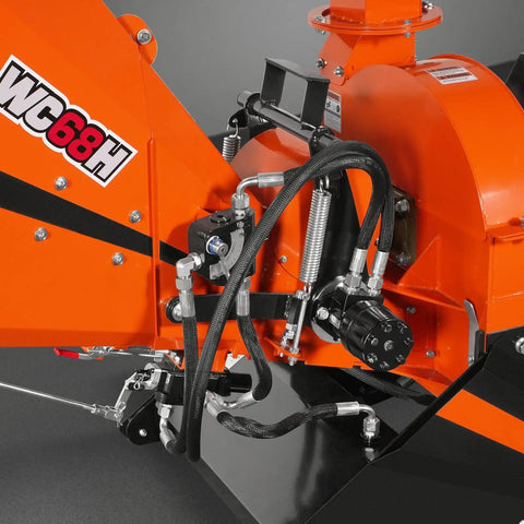 Close-up of WC68H 6 Inch PTO Hydraulic Wood Chipper components, showing hydraulic feeding for 20-50 HP tractors.