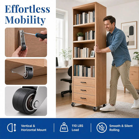 Heavy Duty Vertical Track Roller Wheels With Soft Rubber Coating, Fixes Drooping Barn Doors Fast, Silent Rolling Low Profile Casters for drawers shown on furniture.