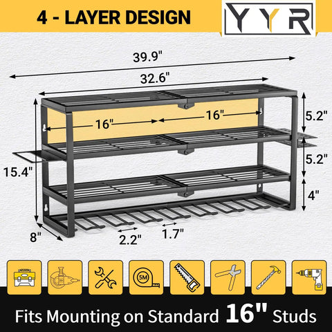 4 Layer Power Tool Organizer Wall Mount With Charging Station 32 Inch Cordless Drill Rack Battery Tools Holder Shelf