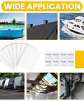 RV Roof Patch Kit With 8 White 4x6 Inch Patches 8 Alcohol Wipes And A Yellow Scraper For Stopping Camper Roof Leaks Weatherproof Waterproof Sealant Tapes For Campers Trailers And Boats, shown with patches, wipes, and scraper against application scenes including a pool, roof, and boat.
