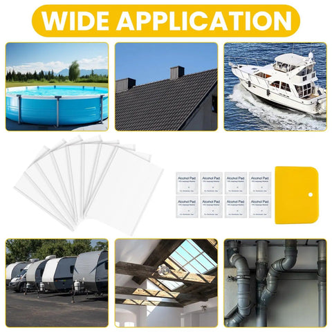 RV Roof Patch Kit With 8 White 4x6 Inch Patches 8 Alcohol Wipes And A Yellow Scraper For Stopping Camper Roof Leaks Weatherproof Waterproof Sealant Tapes For Campers Trailers And Boats, shown with patches, wipes, and scraper against application scenes including a pool, roof, and boat.