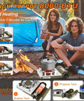 Two campers using Dual Fuel Camp Stove With Infrared 8000 BTU Butane And Propane Portable Gas Stove next to a tent
