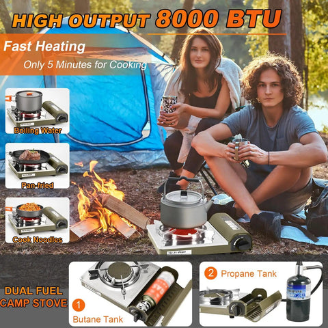 Two campers using Dual Fuel Camp Stove With Infrared 8000 BTU Butane And Propane Portable Gas Stove next to a tent