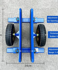 Heavy Duty Adjustable Panel Dolly With Lockdown Grip And Smooth Rolling Rubber Wheels For No Sweat Hauling Panels Or Doors On Busy Job Sites During Fast Track Renovation Work, top view showing dimensions and features.