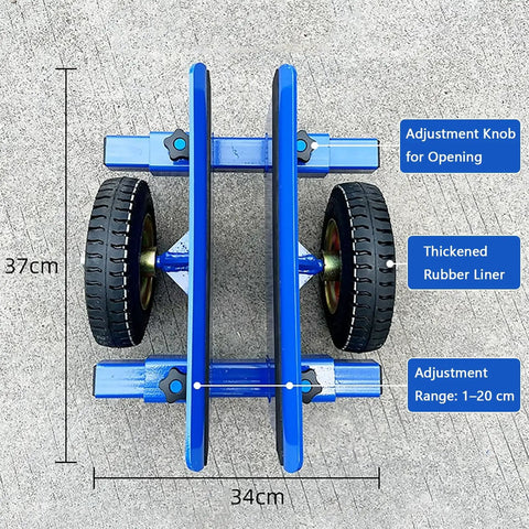 Heavy Duty Adjustable Panel Dolly With Lockdown Grip And Smooth Rolling Rubber Wheels For No Sweat Hauling Panels Or Doors On Busy Job Sites During Fast Track Renovation Work, top view showing dimensions and features.
