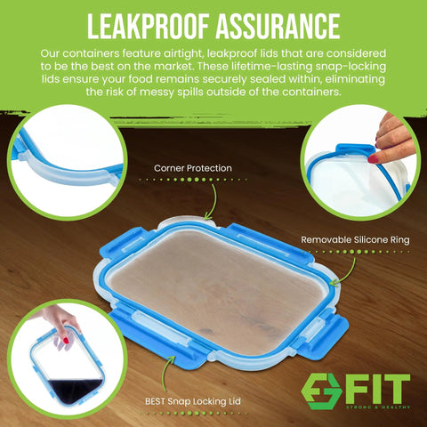 Glass Meal Prep Containers With Lids 32 Oz 4 Pack 2 And 3 Compartments showing leakproof blue lids and silicone seal details.