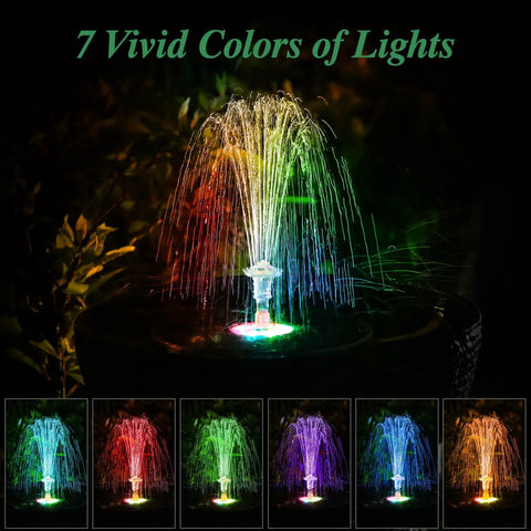 Six Point Five Watt Solar Fountain Pump With Color Changing LED Lights at night displaying seven vivid colors in garden