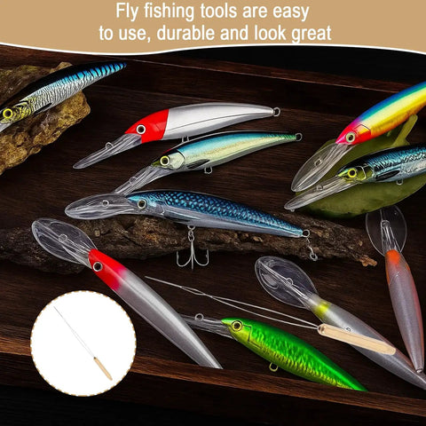 Assorted colorful fishing lures displayed on a wooden surface with a fly rod and text overlay on durability