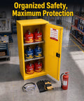 Rock Solid Shop Ready 60 Gallon Steel Flammable Liquid Safety Cabinet With Spill Sump Adjustable Shelves And Grounding Wire For Auto Garages And Job Sites, organized safety setup with fuel containers.