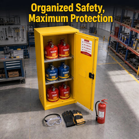 Rock Solid Shop Ready 60 Gallon Steel Flammable Liquid Safety Cabinet With Spill Sump Adjustable Shelves And Grounding Wire For Auto Garages And Job Sites, organized safety setup with fuel containers.