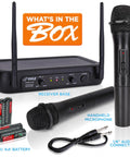 Dual Channel VHF Wireless Microphone System with two handheld mics, receiver base, audio cable, and batteries included, PDWM2135 Black