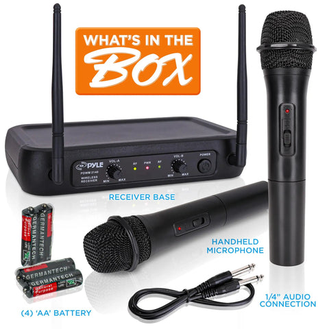 Dual Channel VHF Wireless Microphone System with two handheld mics, receiver base, audio cable, and batteries included, PDWM2135 Black