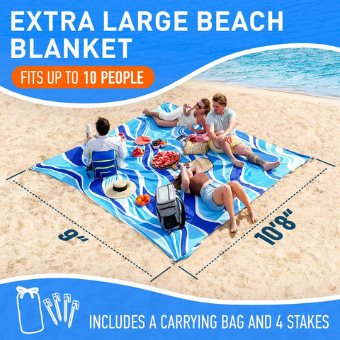 People relaxing on Waterproof Beach Blanket Sandproof 128 By 108 Inch Big Ol Portable Picnic Mat Fits Up To 10 People on a beach.