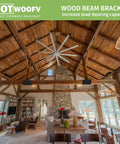 Interior view with wood beam bracket holding roof beams, enhancing load-bearing capacity in a rustic living room.