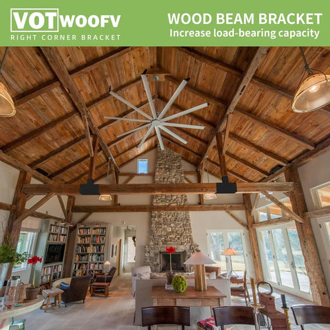 Interior view with wood beam bracket holding roof beams, enhancing load-bearing capacity in a rustic living room.