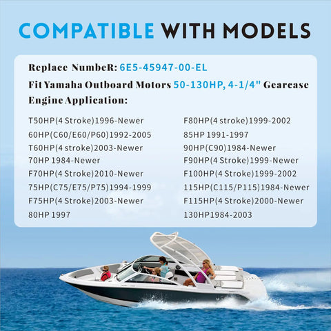 Compatible Yamaha models list with a speedboat on water, includes engines from 60HP to 130HP, matching 13 1/2 X 15 Outboard Propeller.
