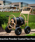 Beefy Four Wheel Hose Reel Cart with 300 Feet of 0.625 Inch Hose, steel frame, brass fittings, rugged wheels, outdoor lawn use
