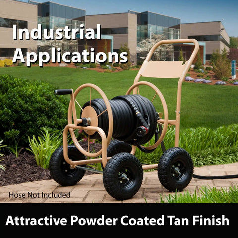 Beefy Four Wheel Hose Reel Cart with 300 Feet of 0.625 Inch Hose, steel frame, brass fittings, rugged wheels, outdoor lawn use