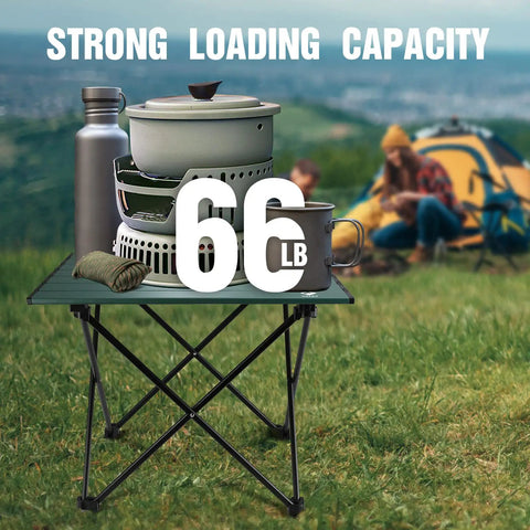 Ultralight Aluminum Camping Side Table With Carry Bag holding pots and cups outdoors, strong loading capacity shown as 66 lb