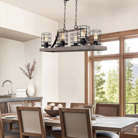Farmhouse Dope 6 Light Kitchen Island Light With Cage Style Shades Weathered Ash Wood Finish And Bold Black Accents in dining room