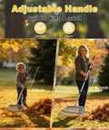 Child and adult using Adjustable Leaf Rake For Lawn And Garden 18 Inch Wide Metal Head 62 Inch Extendable Handle Back Saving Yard Cleanup Tool