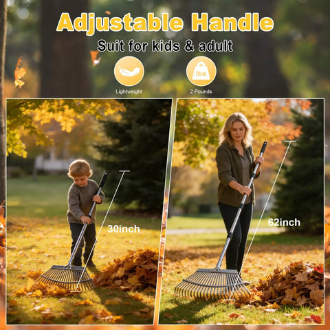 Child and adult using Adjustable Leaf Rake For Lawn And Garden 18 Inch Wide Metal Head 62 Inch Extendable Handle Back Saving Yard Cleanup Tool