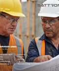 Two workers wearing Safety Glasses 6 Pack With UV400 Protection And ANSI Z87.1 Certification examining blueprints on construction site.