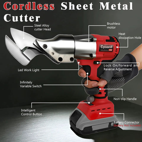 Cordless Sheet Metal Cutter For 18V Battery, 14 Gauge Metal Shears, 360 Degree Pivoting Head, shown with labeled features.