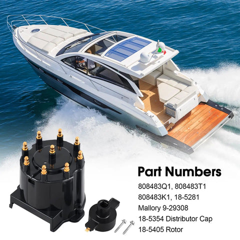 Marine Grade Distributor Cap And Ignition Rotor Kit For Marinized 5.0L 5.7L 350 V8 MerCruiser GM Engines shown with boat