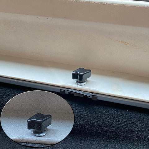Close-up of No Tools Needed Hard Top Removal Fastener Kit with nylon thumb screw and zinc stud nut installed in Jeep Wrangler.