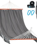 Cotton Double Hammock With 55 Inch Spreader Bar, Portable Camping Hammock Kit with carrying bag, straps, in dark gray.