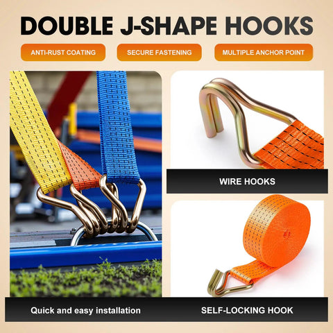 Pro Grade 4 Pack 2 Inch Ratchet Straps Heavy Duty Tie Down Ratcheting With J Hook And Reinforced Steel Wire Clips showing double J-shape hooks and orange strap.