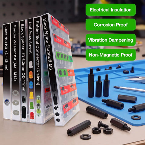 Black Nylon Standoff Kit For PCBs And Motherboards With Spacers Nuts And Washers M3 Hardware 600 Pieces Includes Male And Female Standoffs In 6mm 10mm 15mm 20mm 25mm For DIY Computer Builds. 6mm-25mm black nylon standoffs and hardware set