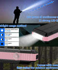 Massive 49800mAh Solar Power Bank With Built In Four Cables And 22.5W Fast Charging Solar Panel Charger For Traveling Camping Emergency And Outdoor Adventures Pink, showing flashlight feature