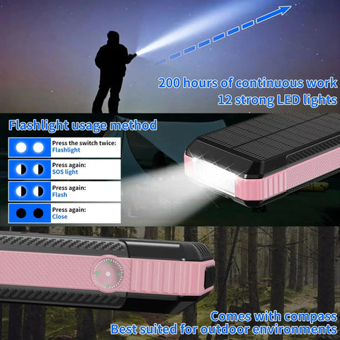 Massive 49800mAh Solar Power Bank With Built In Four Cables And 22.5W Fast Charging Solar Panel Charger For Traveling Camping Emergency And Outdoor Adventures Pink, showing flashlight feature
